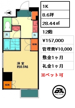 間取り1 1K 28.44㎡ 12階 賃料¥157,000 管理費¥10,000 敷金1ヶ月 礼金1ヶ月 　