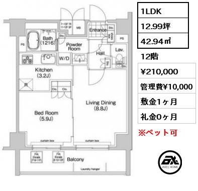 間取り15 1LDK 42.94㎡ 12階 賃料¥215,000 管理費¥10,000 敷金1ヶ月 礼金0ヶ月 5月中旬入居予定