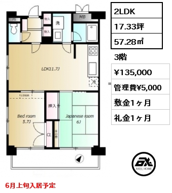 2LDK 57.28㎡ 3階 賃料¥135,000 管理費¥5,000 敷金1ヶ月 礼金1ヶ月 6月上旬入居予定