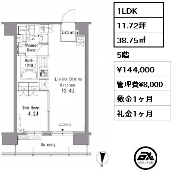 1LDK 38.75㎡ 5階 賃料¥144,000 管理費¥8,000 敷金1ヶ月 礼金1ヶ月