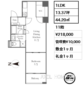 1LDK 44.20㎡ 賃料¥218,000 管理費¥10,000 敷金1ヶ月 礼金1ヶ月
