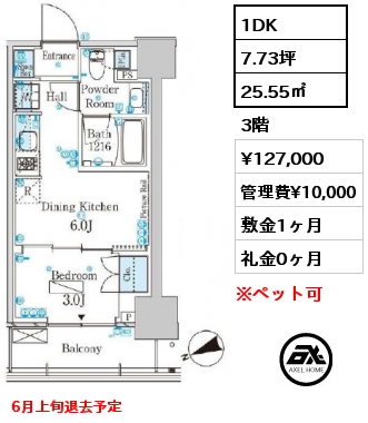 1DK 25.55㎡ 3階 賃料¥127,000 管理費¥10,000 敷金1ヶ月 礼金0ヶ月 6月上旬退去予定