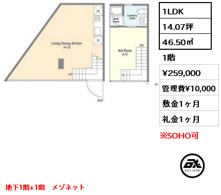 1LDK 46.50㎡ 1階 賃料¥264,000 管理費¥10,000 敷金1ヶ月 礼金1ヶ月 地下1階+1階　メゾネット