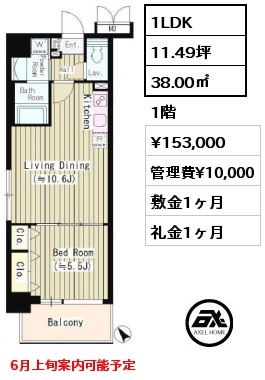 1LDK 38.00㎡ 1階 賃料¥153,000 管理費¥10,000 敷金1ヶ月 礼金1ヶ月 6月下旬入居予定