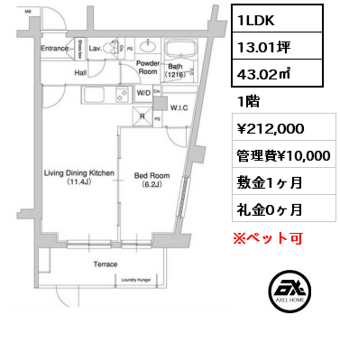1LDK 43.02㎡ 1階 賃料¥212,000 管理費¥10,000 敷金1ヶ月 礼金0ヶ月