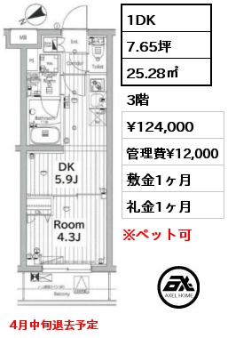 1DK 25.28㎡ 3階 賃料¥124,000 管理費¥12,000 敷金1ヶ月 礼金1ヶ月 4月中旬退去予定