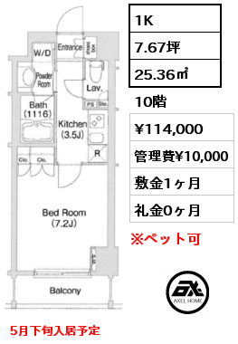 1K 25.36㎡ 10階 賃料¥114,000 管理費¥10,000 敷金1ヶ月 礼金0ヶ月 5月下旬入居予定