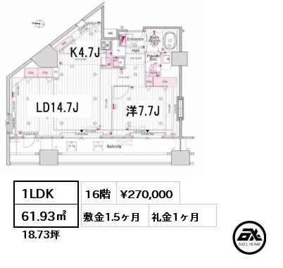 1LDK 61.93㎡ 16階 賃料¥270,000 敷金1.5ヶ月 礼金1ヶ月 　