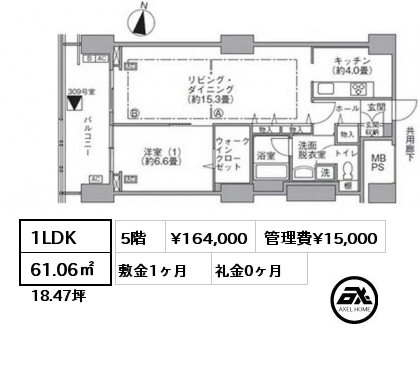 1LDK 61.06㎡ 5階 賃料¥164,000 管理費¥15,000 敷金1ヶ月 礼金0ヶ月