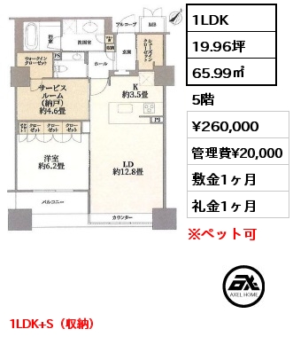 1LDK 65.99㎡ 5階 賃料¥260,000 管理費¥20,000 敷金1ヶ月 礼金1ヶ月 1LDK+S（収納）