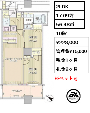 2LDK 56.48㎡ 10階 賃料¥241,000 管理費¥15,000 敷金1ヶ月 礼金2ヶ月 5月下旬入居予定