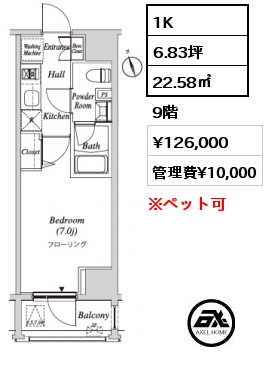 1K 22.58㎡ 9階 賃料¥126,000 管理費¥10,000