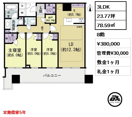 3LDK 78.59㎡ 8階 賃料¥380,000 管理費¥30,000 敷金1ヶ月 礼金1ヶ月 定期借家5年　