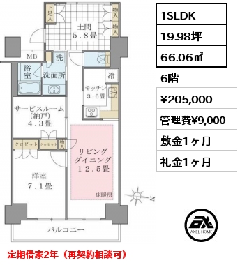 1SLDK 66.06㎡ 6階 賃料¥205,000 管理費¥9,000 敷金1ヶ月 礼金1ヶ月 定期借家2年（再契約相談可）