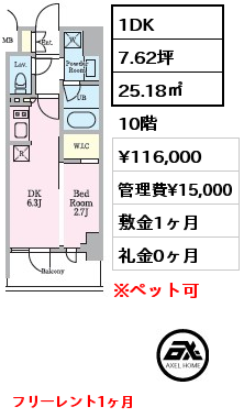 1DK 25.18㎡ 10階 賃料¥116,000 管理費¥15,000 敷金1ヶ月 礼金0ヶ月 フリーレント1ヶ月　