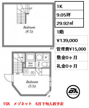間取り9 1K 29.92㎡ 1階 賃料¥139,000 管理費¥15,000 敷金0ヶ月 礼金0ヶ月 1SK　メゾネット　6月下旬入居予定