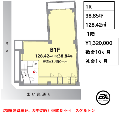 間取り1 1R 128.42㎡  賃料¥1,320,000 敷金10ヶ月 礼金1ヶ月 店舗(消費税込、3年契約）※飲食不可　スケルトン　