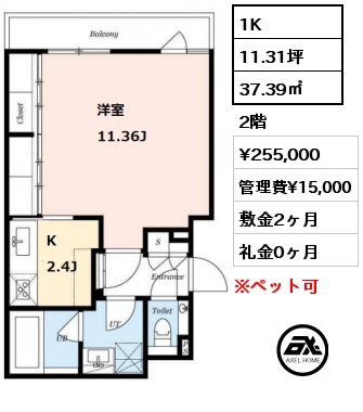 間取り1 1K 37.39㎡ 2階 賃料¥255,000 管理費¥15,000 敷金2ヶ月 礼金0ヶ月 　　　　　　