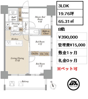 間取り1 3LDK 65.31㎡ 8階 賃料¥390,000 管理費¥15,000 敷金1ヶ月 礼金0ヶ月