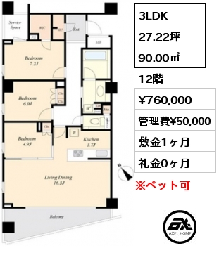 間取り1 3LDK 90.00㎡ 12階 賃料¥760,000 管理費¥50,000 敷金1ヶ月 礼金0ヶ月