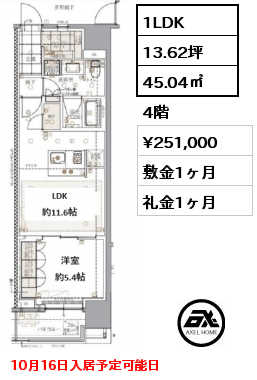 1LDK 45.04㎡ 4階 賃料¥251,000 敷金1ヶ月 礼金1ヶ月 10月16日入居予定可能日