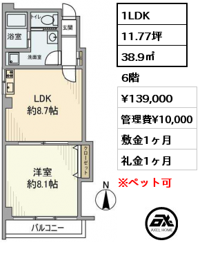 1LDK 38.9㎡ 6階 賃料¥139,000 管理費¥10,000 敷金1ヶ月 礼金1ヶ月