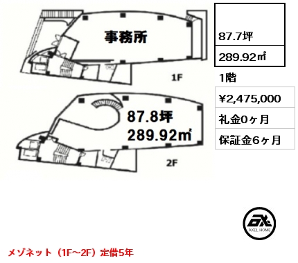  289.92㎡ 1階 賃料¥2,475,000 礼金0ヶ月 メゾネット（1F～2F）定借5年