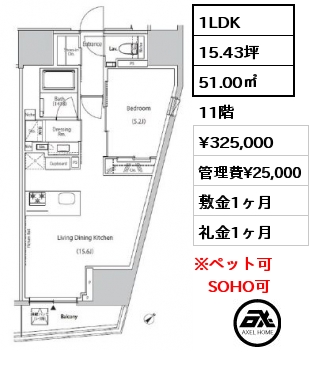 1LDK 51.00㎡ 11階 賃料¥325,000 管理費¥25,000 敷金1ヶ月 礼金1ヶ月