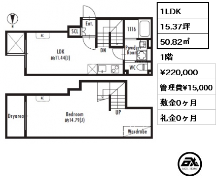 1LDK 50.82㎡ 1階 賃料¥220,000 管理費¥15,000 敷金0ヶ月 礼金0ヶ月