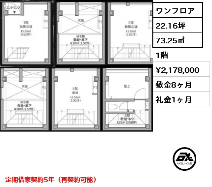 ワンフロア 73.25㎡ 1階 賃料¥2,178,000 敷金8ヶ月 礼金1ヶ月 定期借家契約5年（再契約可能）