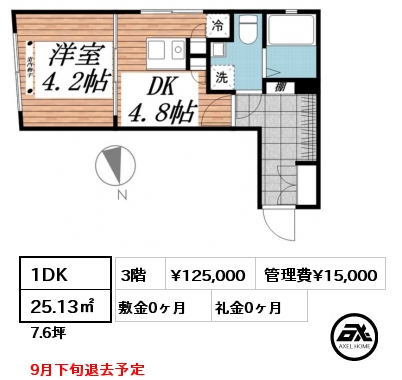 1DK 25.13㎡ 3階 賃料¥125,000 管理費¥15,000 敷金0ヶ月 礼金0ヶ月 9月下旬退去予定