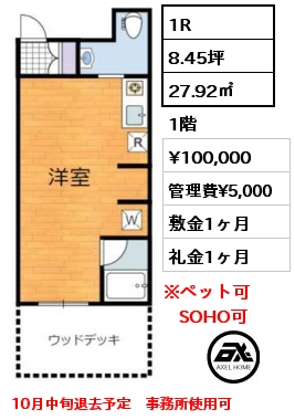 1R 27.92㎡ 1階 賃料¥100,000 管理費¥5,000 敷金1ヶ月 礼金1ヶ月 10月中旬退去予定　事務所使用可