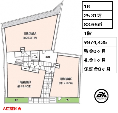 1R 83.66㎡ 1階 賃料¥974,435 敷金0ヶ月 礼金1ヶ月 A店舗区画