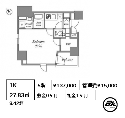 1K 27.83㎡ 5階 賃料¥137,000 管理費¥15,000 敷金0ヶ月 礼金1ヶ月