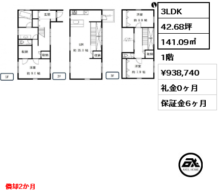 3LDK 141.09㎡ 1階 賃料¥938,740 礼金0ヶ月 償却2か月