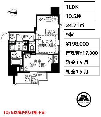 1LDK 34.71㎡ 9階 賃料¥198,000 管理費¥17,000 敷金1ヶ月 礼金1ヶ月 10/5以降内見可能予定