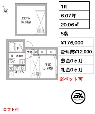 1R 20.06㎡ 5階 賃料¥176,000 管理費¥12,000 敷金0ヶ月 礼金0ヶ月 ロフト付