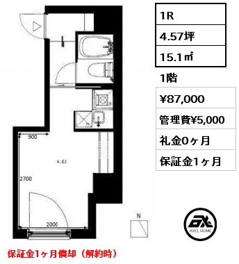 1R 15.1㎡ 1階 賃料¥87,000 管理費¥5,000 礼金0ヶ月 保証金1ヶ月償却（解約時）