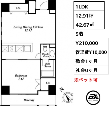 間取り1 1LDK 42.67㎡ 5階 賃料¥210,000 管理費¥10,000 敷金1ヶ月 礼金0ヶ月 　　　　