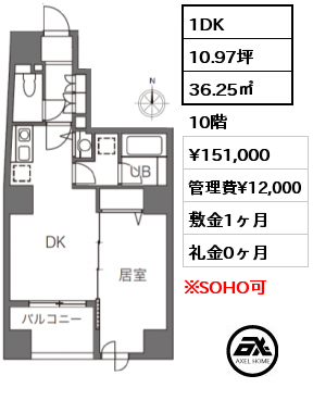 1DK 36.25㎡ 10階 賃料¥151,000 管理費¥12,000 敷金1ヶ月 礼金0ヶ月