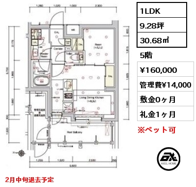 1LDK 30.68㎡ 5階 賃料¥160,000 管理費¥14,000 敷金0ヶ月 礼金1ヶ月 2月中旬退去予定