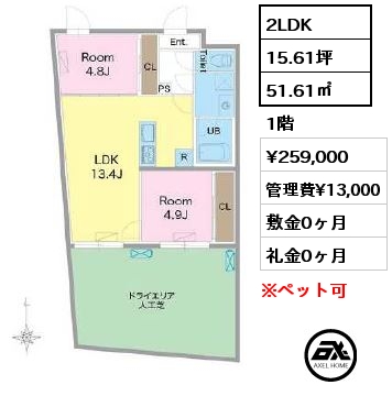 2LDK 51.61㎡ 1階 賃料¥259,000 管理費¥13,000 敷金0ヶ月 礼金0ヶ月