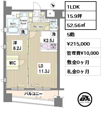 間取り1 1LDK 52.56㎡ 5階 賃料¥215,000 管理費¥10,000 敷金0ヶ月 礼金0ヶ月