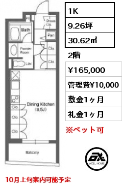 間取り1 1K 30.62㎡ 2階 賃料¥165,000 管理費¥10,000 敷金1ヶ月 礼金1ヶ月 10月上旬案内可能予定　