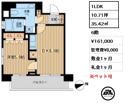 間取り1 1LDK 35.42㎡ 6階 賃料¥161,000 管理費¥8,000 敷金1ヶ月 礼金1ヶ月 　