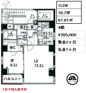 間取り1 1LDK 61.81㎡ 4階 賃料¥285,000 敷金2ヶ月 礼金1ヶ月 1月下旬入居予定