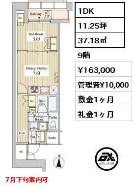 間取り1 1DK 37.18㎡ 9階 賃料¥163,000 管理費¥10,000 敷金1ヶ月 礼金1ヶ月 7月下旬案内可