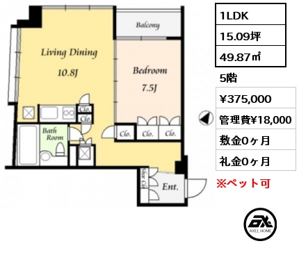 間取り1 1LDK 49.87㎡ 5階 賃料¥375,000 管理費¥18,000 敷金0ヶ月 礼金0ヶ月 　　　