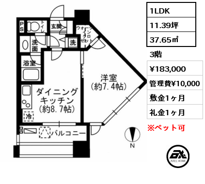 間取り1 1LDK 37.65㎡ 3階 賃料¥183,000 管理費¥10,000 敷金1ヶ月 礼金1ヶ月