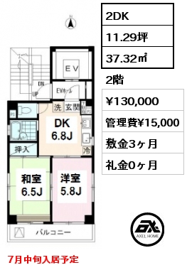 間取り1 2DK 37.32㎡ 2階 賃料¥130,000 管理費¥15,000 敷金3ヶ月 礼金0ヶ月 7月中旬入居予定
